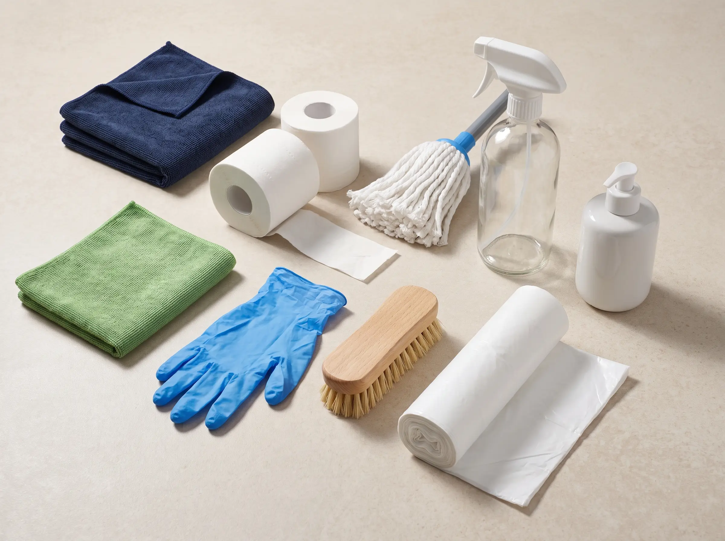 Hand towels, gloves, mop, brush and other housekeeping materials arranged together